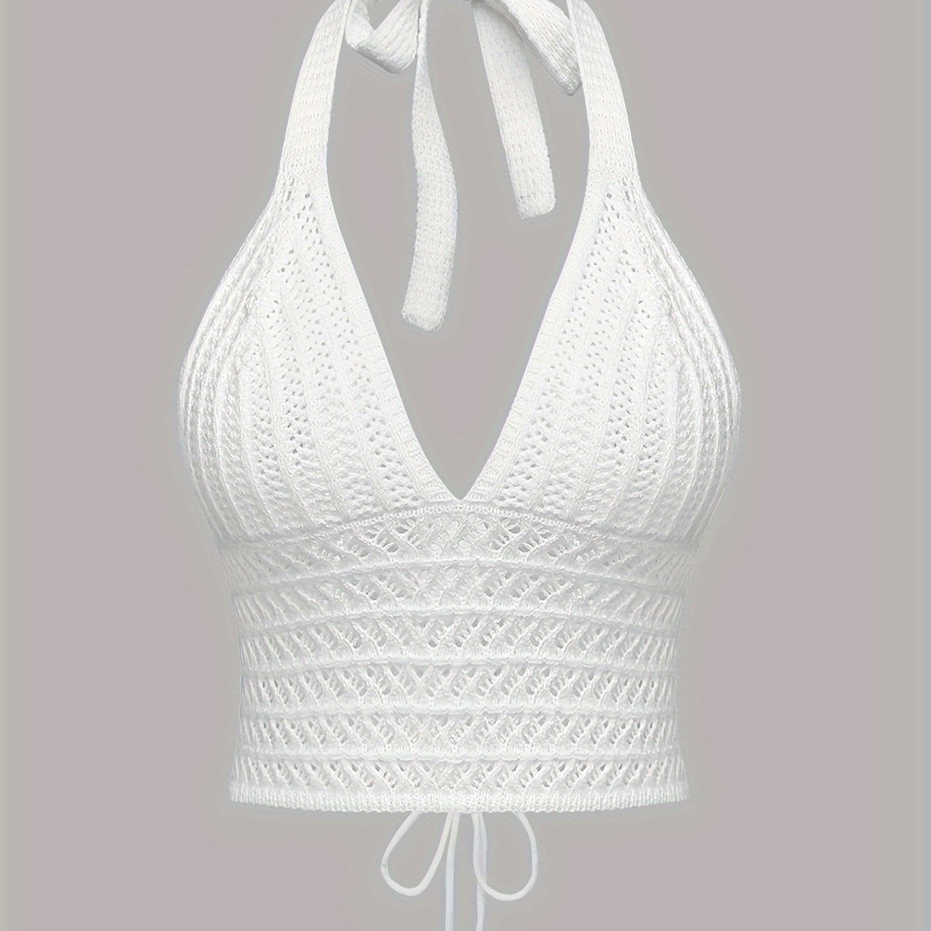 Solid Cross Tie Back Halter Top, Versatile V-neck Backless Crop Knitted Top, Women's Clothing